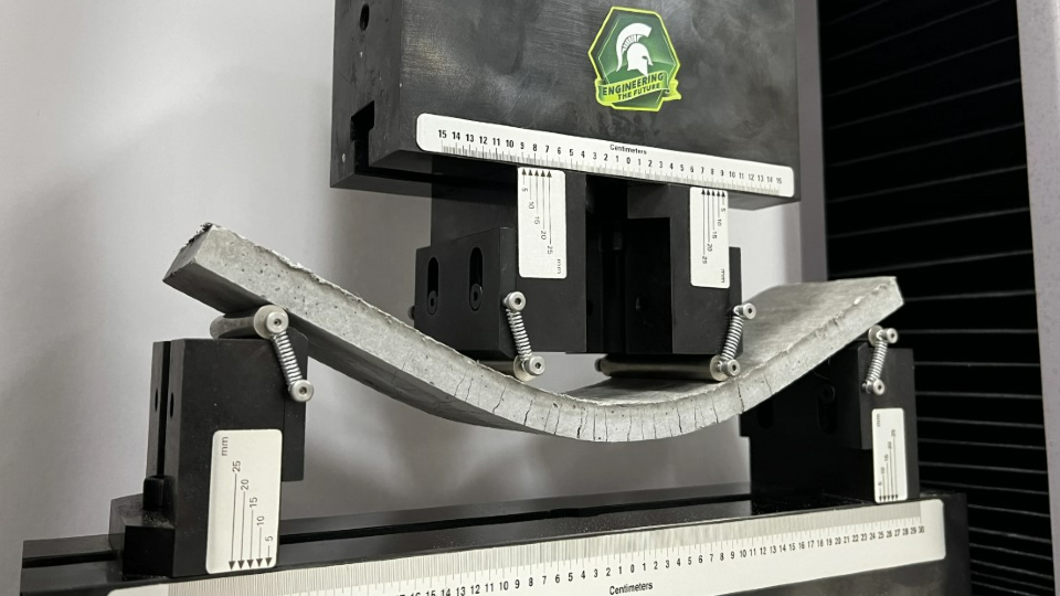 Testing shows the flexibility of a new formula of concrete designed by researchers at Michigan State University. (Courtesy MSU)