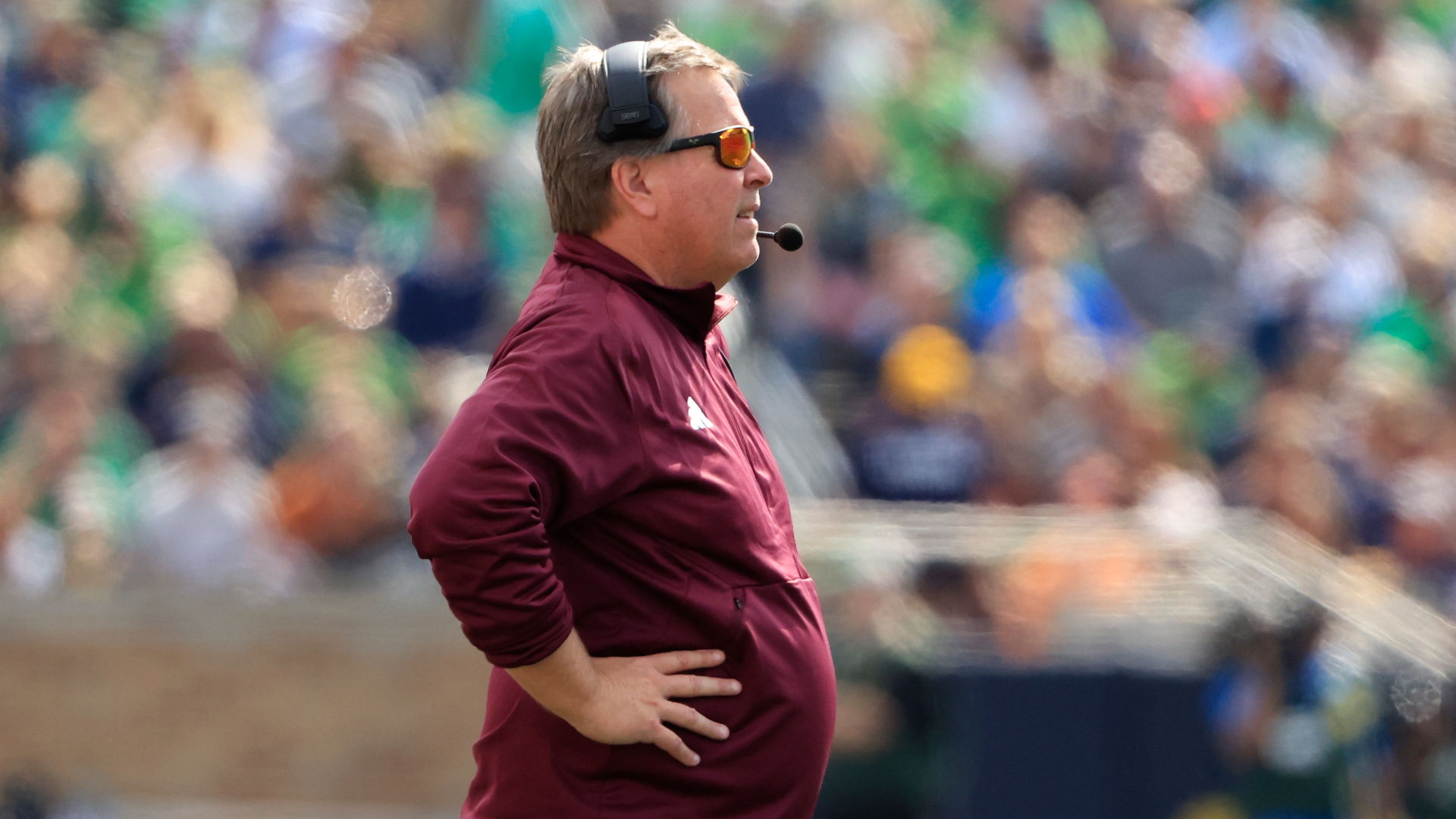 SOUTH BEND, INDIANA - SEPTEMBER 16: Head coach Jim McElwain of the Central Michigan Chippewas looks on in the game against the Notre Dame Fighting Irish at Notre Dame Stadium on September 16, 2023 in South Bend, Indiana. (Photo by Justin Casterline/Getty Images)