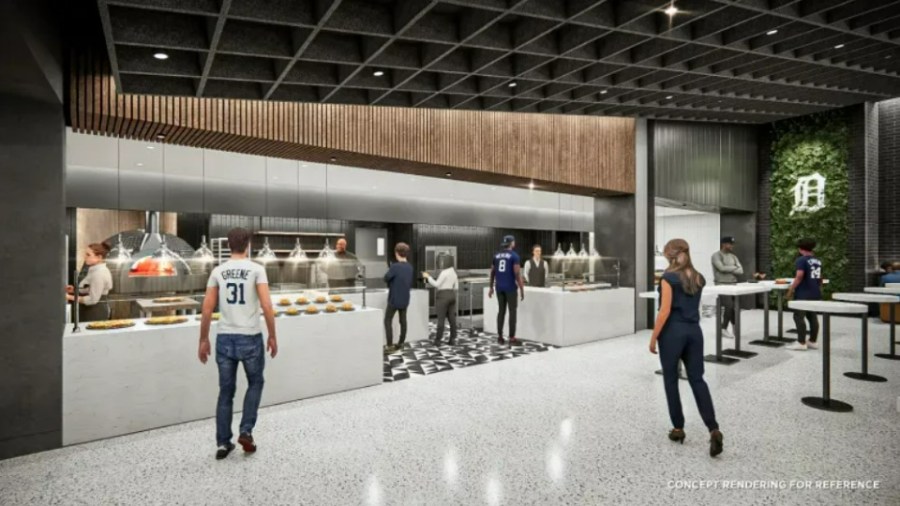 Renderings of the new exclusive "Home Plate Club" lounge area at Comerica Park. Construction is underway and expected to be completed sometime during the upcoming season. (Courtesy Ilitch Sports & Entertainment)