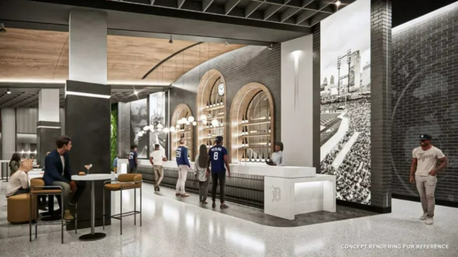 Renderings of the new exclusive "Home Plate Club" lounge area at Comerica Park. Construction is underway and expected to be completed sometime during the upcoming season. (Courtesy Ilitch Sports & Entertainment)