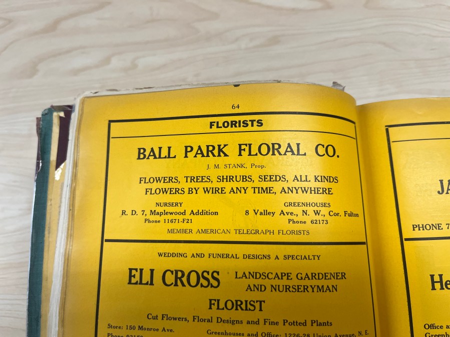 A 1928 city directory listing for Ball Park Floral. (Nov. 27, 2024)