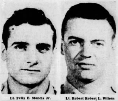 Photos of Lt. Felix Moncla and Lt. Robert Wilson from a newspaper report in the Nov. 24, 1953, issue of The Capital Times in Madison, Wisconsin. The two airmen disappeared while investigating an unidentified flying object over Lake Superior the previous day. (Courtesy The Capital Times)