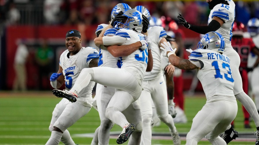 Jake Bates and the Detroit Lions celebrate after sealing their 26-23 win over Houston on Nov. 10, 2024. (David J. Phillip/AP)