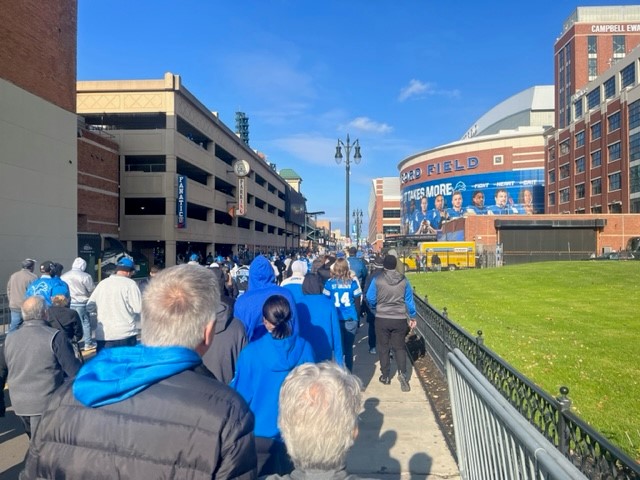 Fans head to Ford Field for the Lions vs. Bears game on Thanksgiving Day, Nov. 28, 2024. (Dean Holzwarth/WOOD TV8)