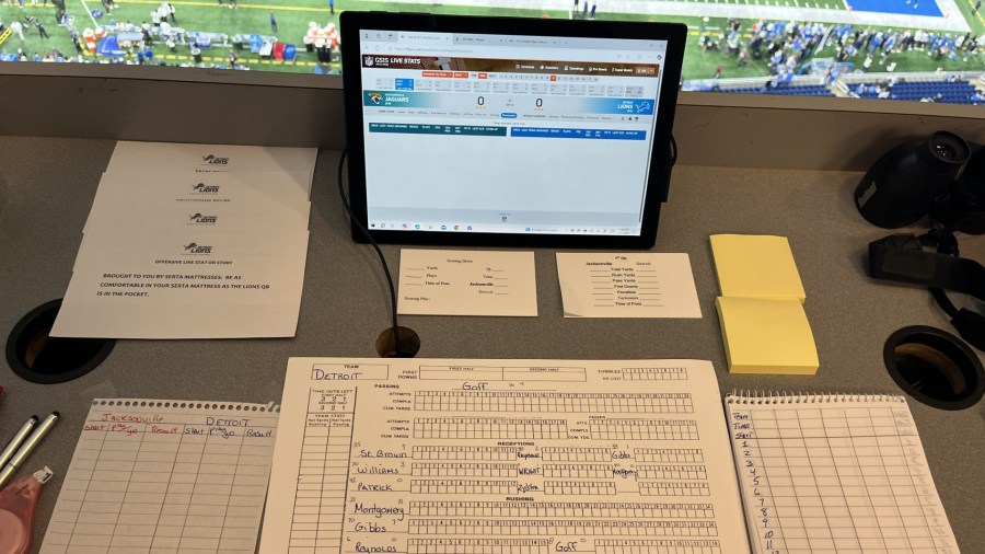 A look at statistician Mike Bratta's setup ahead of the Detroit Lions' game against Jacksonville on Sunday, Nov. 17, 2024. It includes a scoring sheet, a notebook, some script cards and, of course, pads of sticky notes. (Courtesy Mike Bratta)