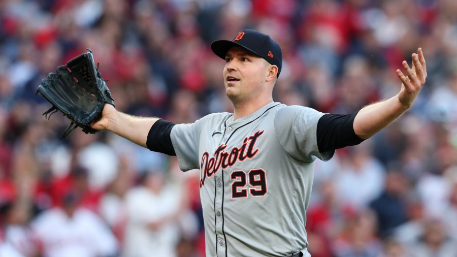 Detroit Tigers pitcher Tarik Skubal taunts the opposing crowd at Progressive Field after getting out of an inning in Game 2 of the American League Division Series. (Getty Images)