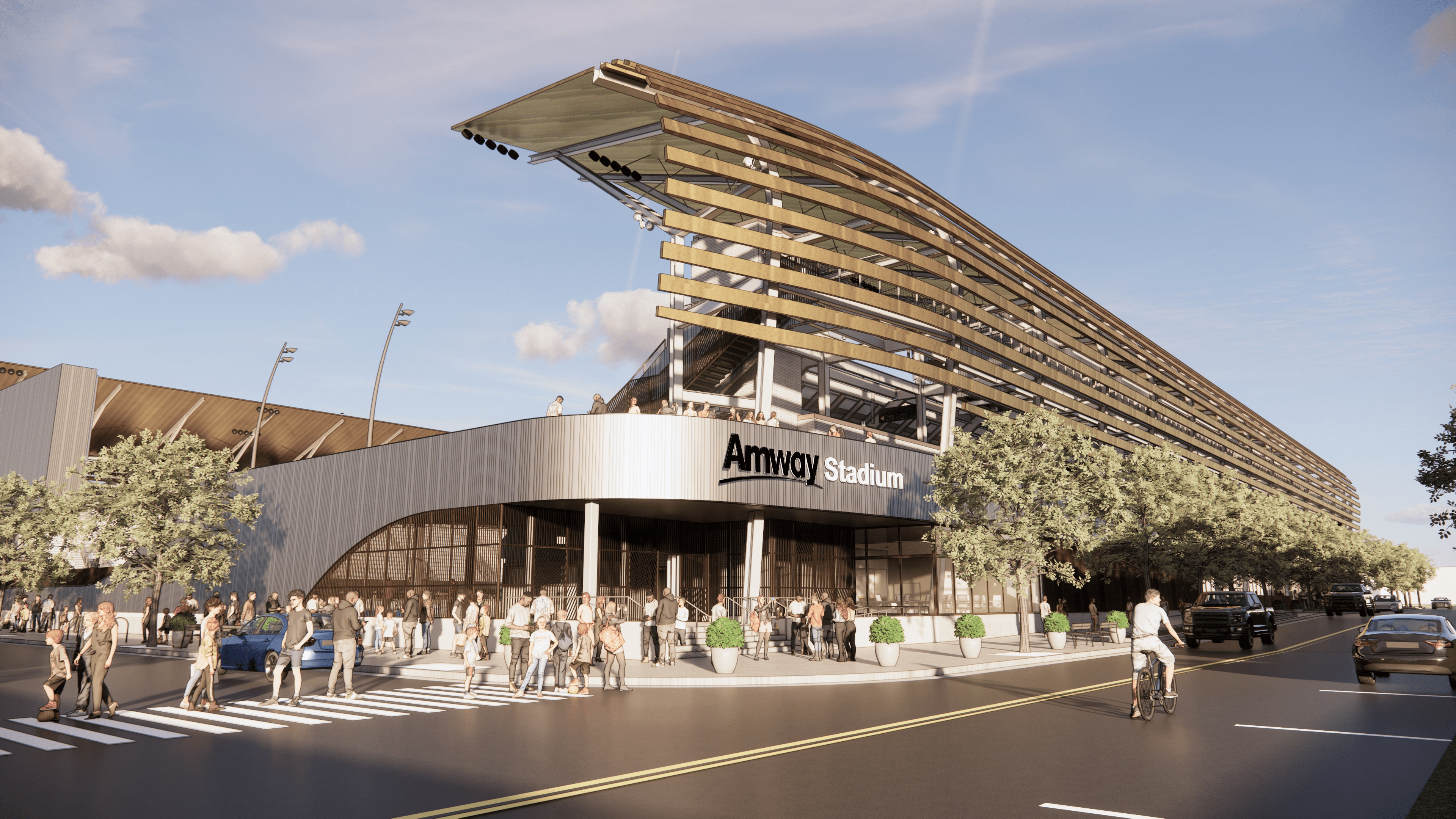 A courtesy rendering of the Amway Stadium proposed for Grand Rapids' West Side.