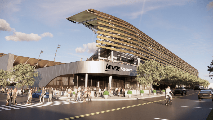 A courtesy rendering of the Amway Stadium proposed for Grand Rapids' West Side.