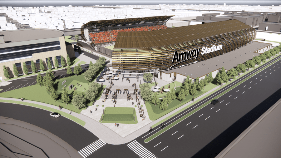 A courtesy rendering of the Amway Stadium proposed for Grand Rapids' West Side.