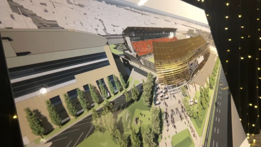 A rendering of the newly named Amway Stadium was unveiled at a news conference at New Holland Brewing in Grand Rapids on Nov. 18, 2024.