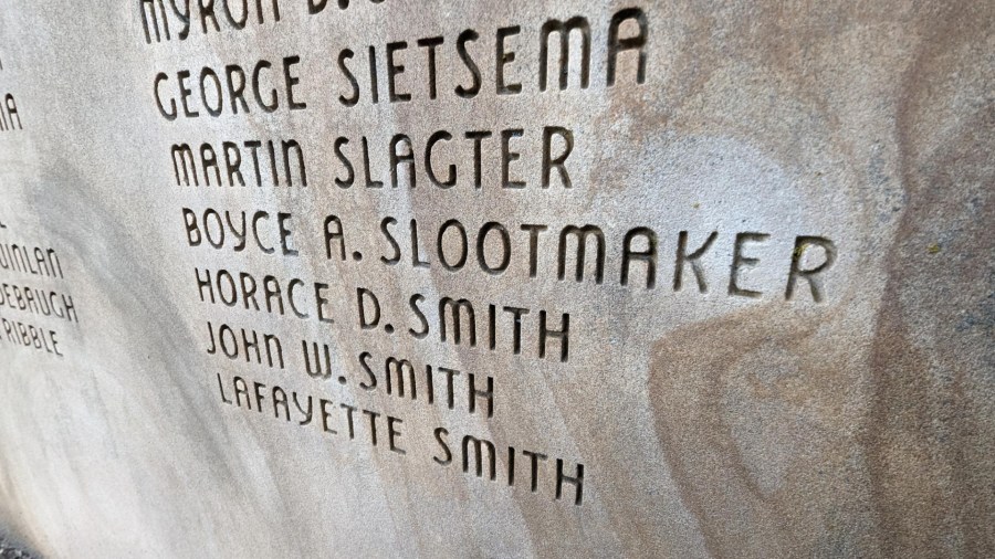 Boyce Slootmaker's name on the veterans memorial wall in Wyoming. (Nov. 11, 2024)