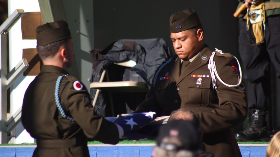 Seven unaccompanied mid-Michigan veterans are honored at Fort Custer National Cemetery near Augusta on Nov. 8, 2024.
