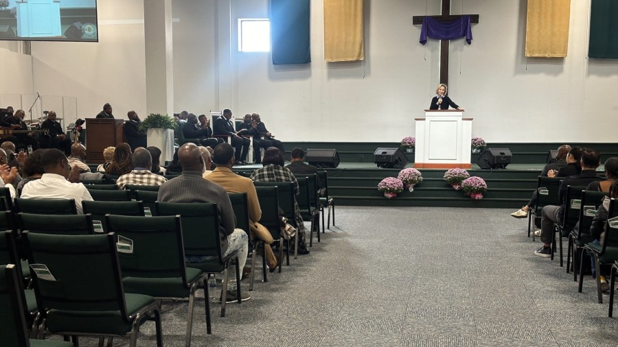 Gwen Walz campaigns at Renaissance Church of God in Christ in Grand Rapids on Nov. 3, 2024.