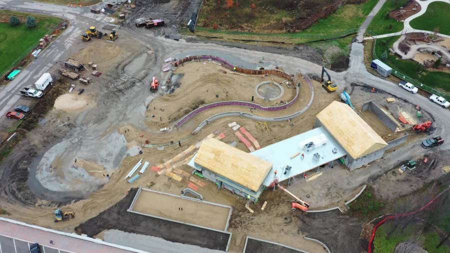 A bird's-eye view of construction at the site of the new Holland Community Ice Skating Park on Nov. 22, 2024.