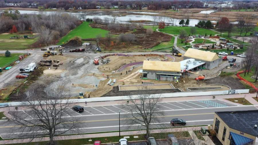 A bird's-eye view of construction at the site of the new Holland Community Ice Skating Park on Nov. 22, 2024.