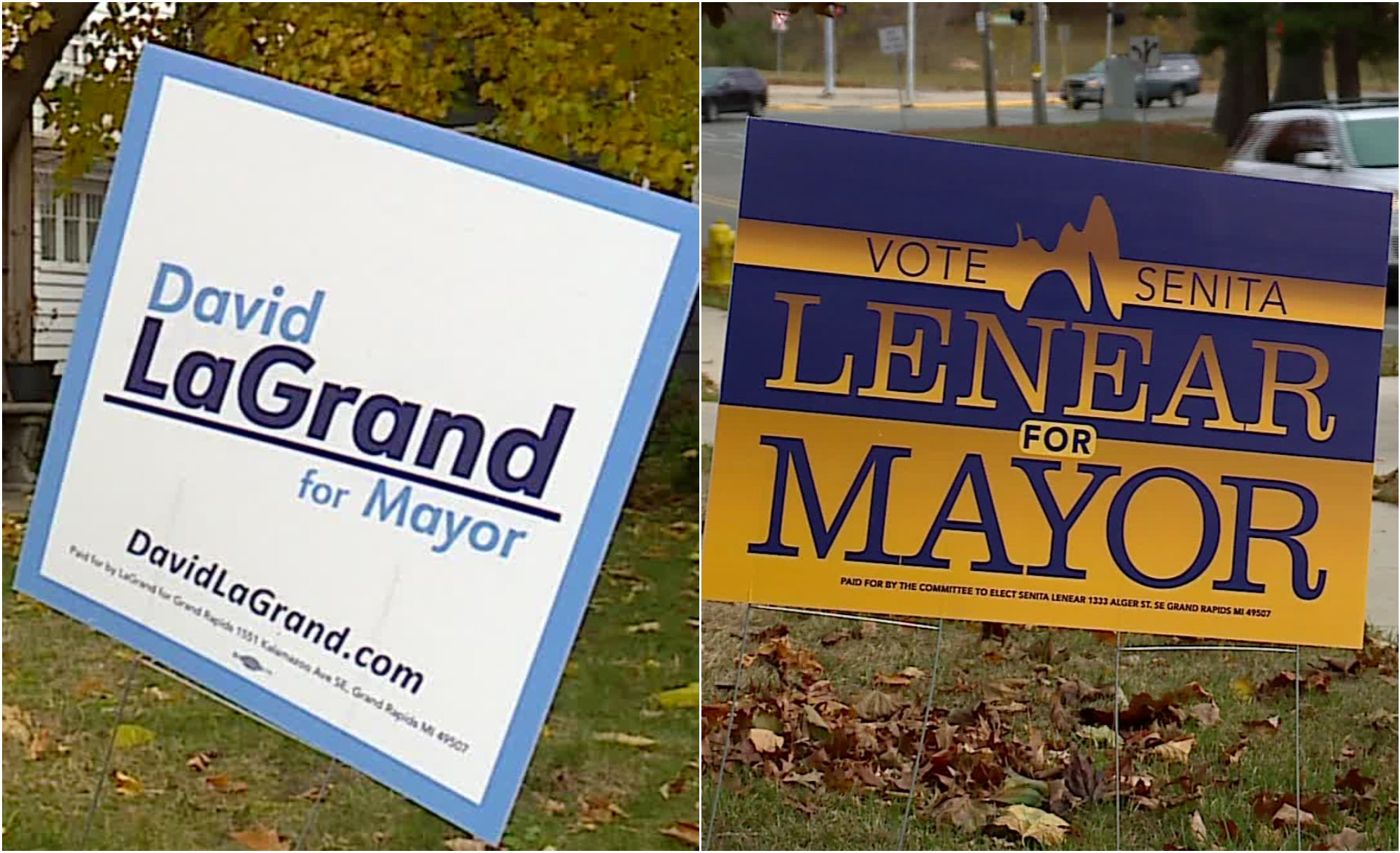 Campaign signs for David LaGrand and Senita Lenear, both running for Grand Rapids mayor. (Nov. 3, 2024)