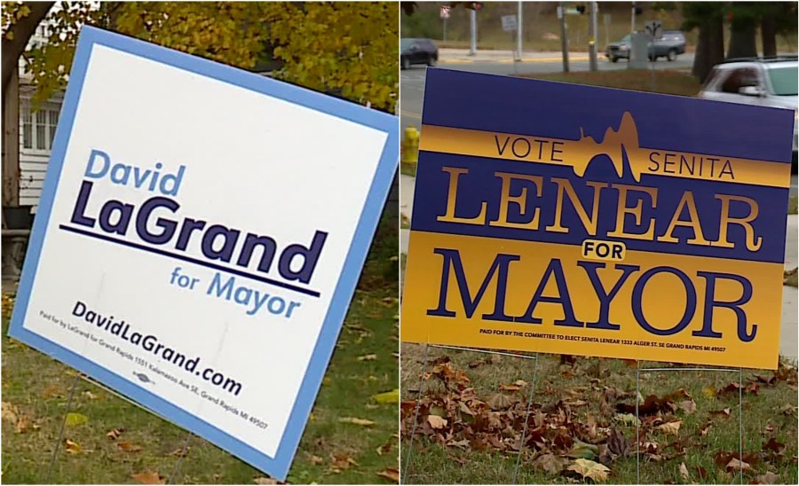 Campaign signs for David LaGrand and Senita Lenear, both running for Grand Rapids mayor. (Nov. 3, 2024)