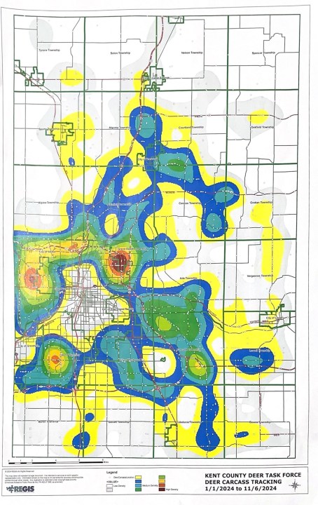 A heat map shows where car-deer crashes are most common in Kent County.
