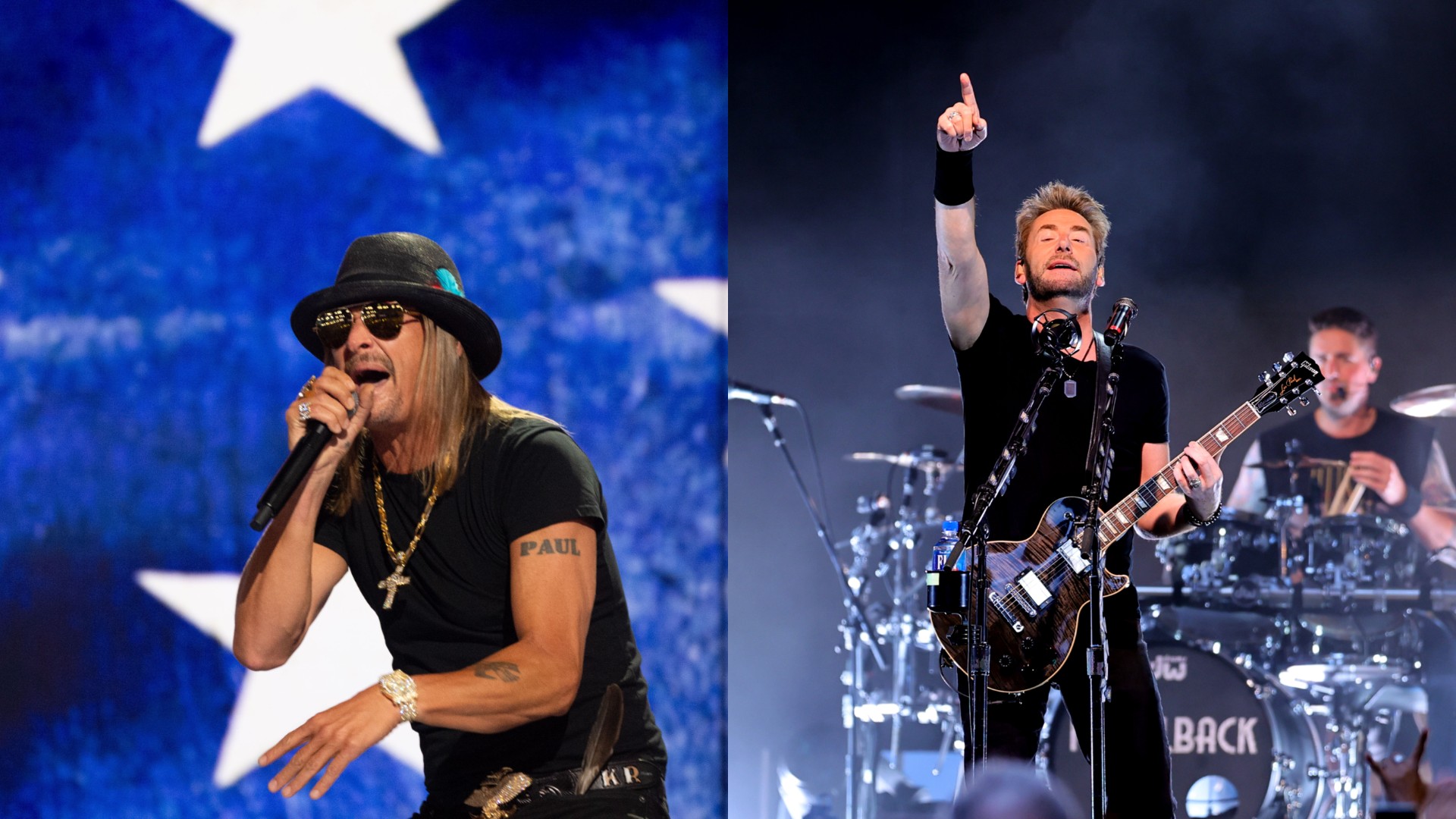 Photos of Kid Rock and Nickelback performing. (Getty Images)