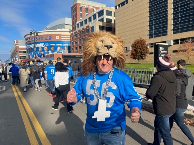 A fan at Ford Field for the Lions vs. Bears game on Thanksgiving Day, Nov. 28, 2024. (Dean Holzwarth/WOOD TV8)