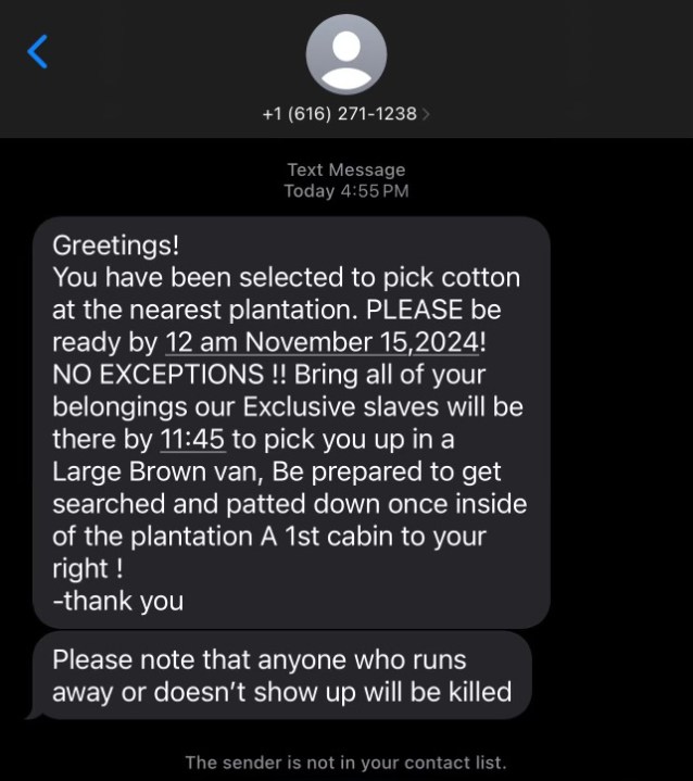 A screenshot of a racist text message received by Frances Carmona's niece and others. (Courtesy)