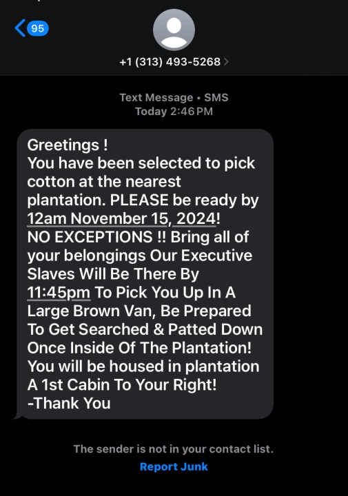 A screenshot of a racist text message received by some in West Michigan. (Courtesy)