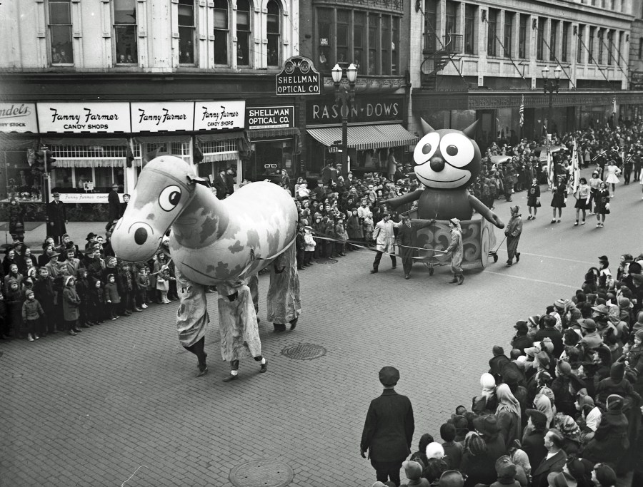 The 1942 Santa Parade in Grand Rapids, then sponsored by Wurzburg's Department Store. (Courtesy Grand Rapids Public Library)