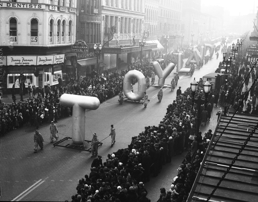 Floats spell out Toyland in the Nov. 19, 1938, Santa Parade in Grand Rapids, then sponsored by Wurzburg's Department Store. (Courtesy Grand Rapids Public Library)