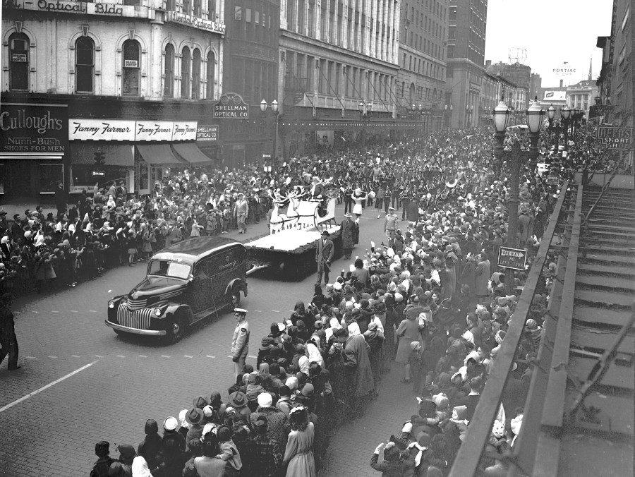 Santa Claus and his reindeer in the Nov. 9, 1946, Santa Parade in Grand Rapids, then sponsored by Wurzburg's Department Store. (Courtesy Grand Rapids Public Library)