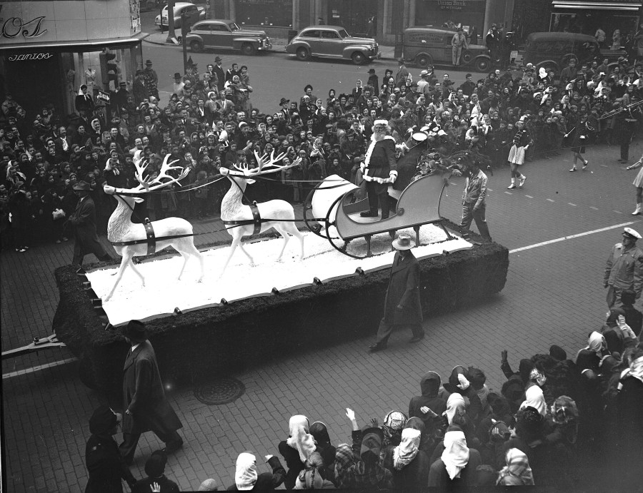 Santa Claus and his reindeer in the Nov. 9, 1946, Santa Parade in Grand Rapids, then sponsored by Wurzburg's Department Store. (Courtesy Grand Rapids Public Library)