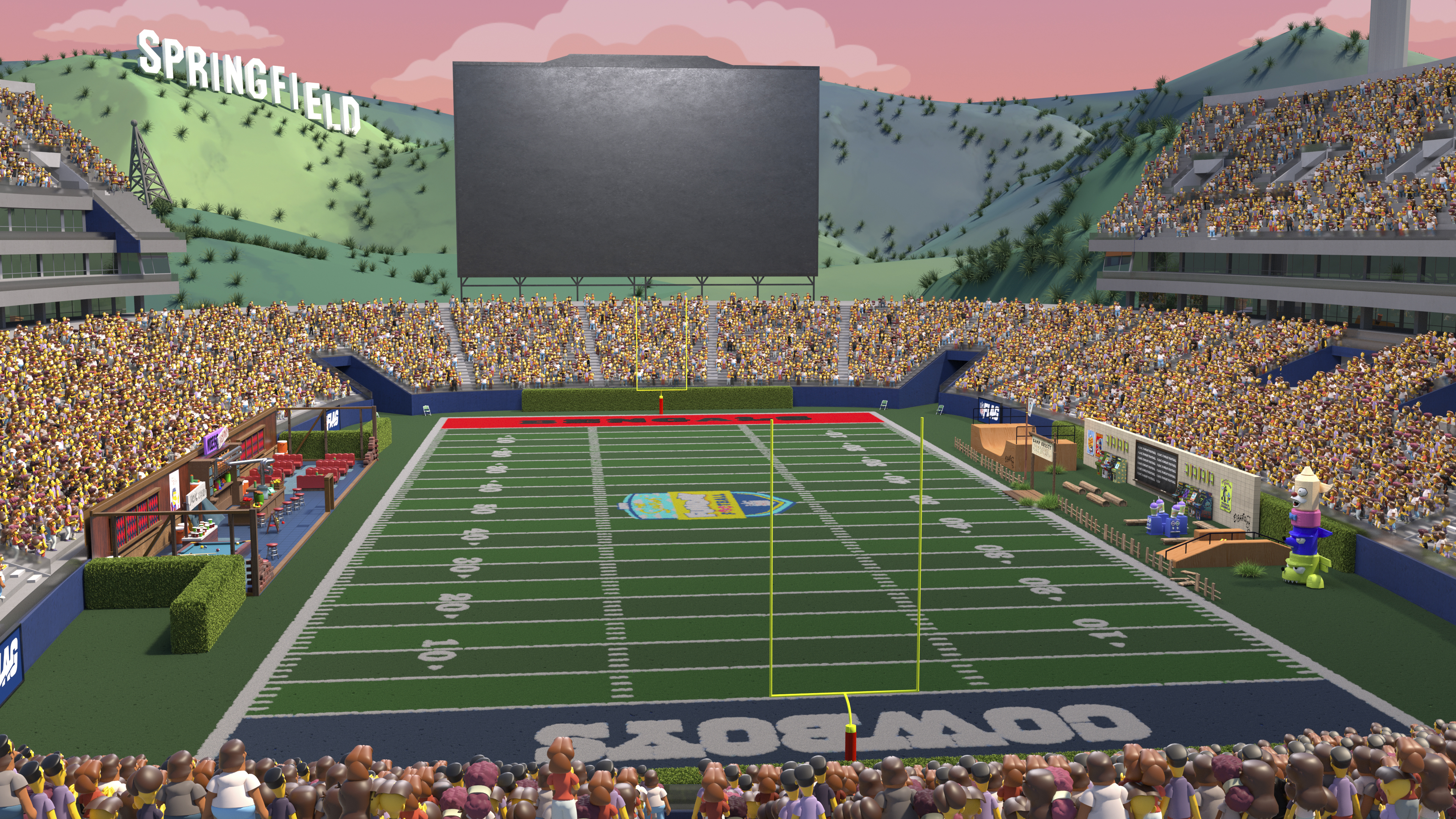 This handout from an animated video provided by ESPN shows a scene from Atoms Stadium in Springfield from “The Simpsons” that will be used for “The Simpsons Funday Football,” an alternate broadcast on ESPN+ and Disney+ for the Dec. 9, 2024, game between the Cincinnati Bengals and Dallas Cowboys. (ESPN via AP)