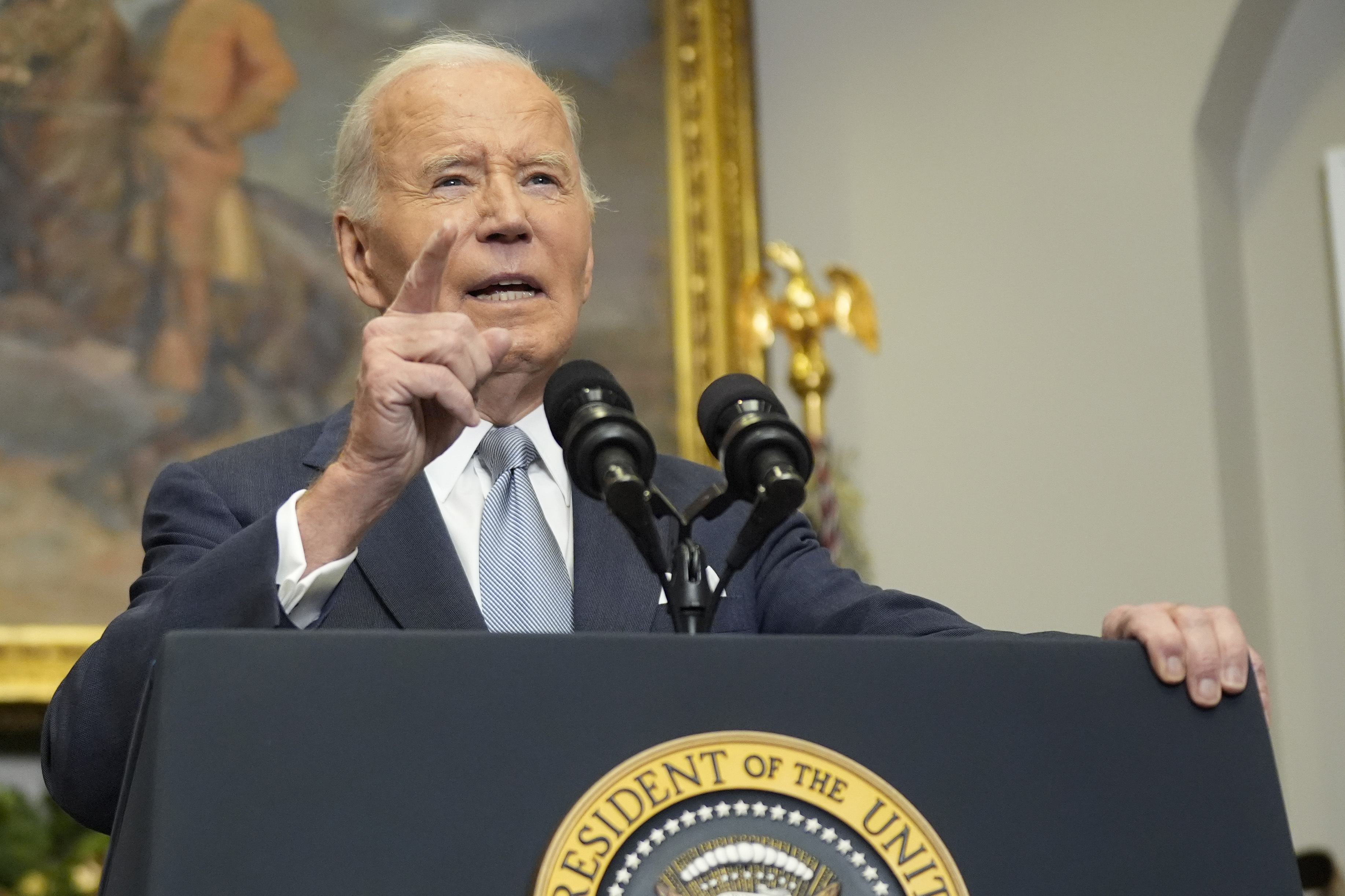 President Joe Biden speaks about the sudden collapse of the Syrian government under Bashar Assad from the Roosevelt Room at the White House in Washington, Sunday, Dec. 8, 2024. (AP Photo/Manuel Balce Ceneta)