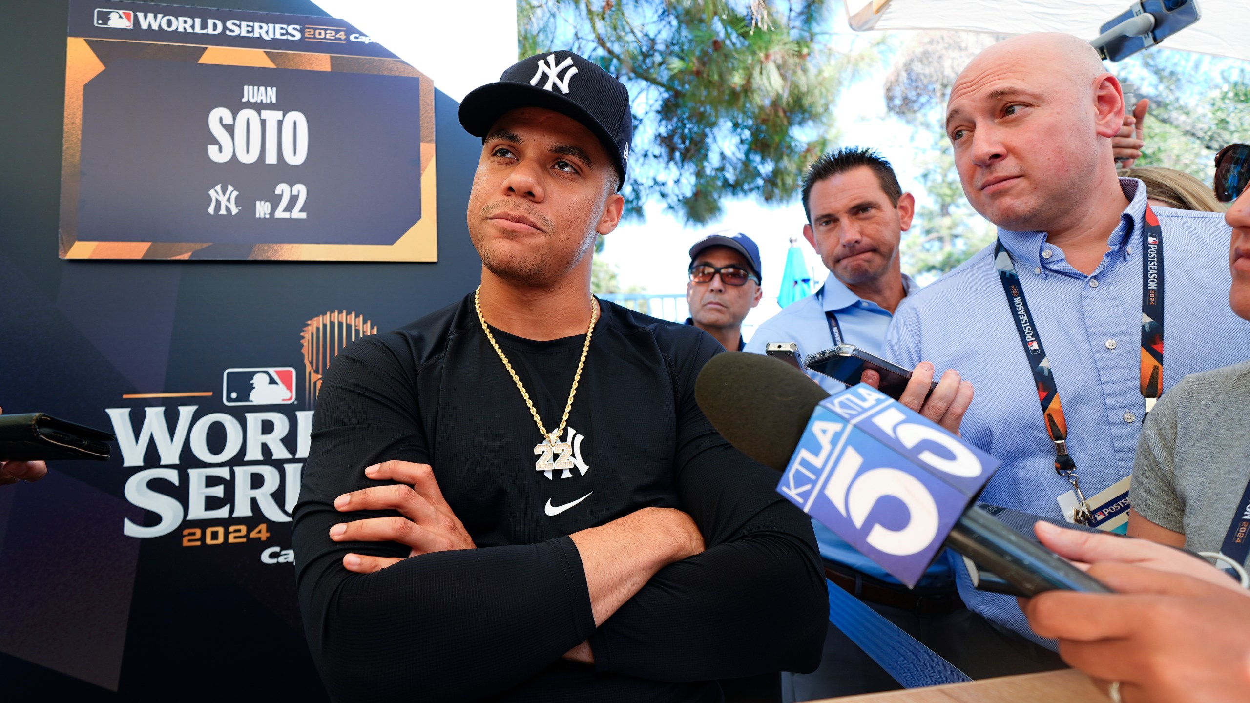 FILE - New York Yankees' Juan Soto speaks during media day for the baseball World Series, Oct. 24, 2024, in Los Angeles. (AP Photo/Julio Cortez, File)