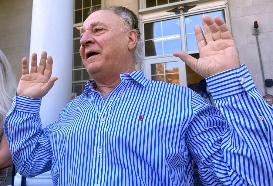 FILE - Richard Schiffer Jr. greets supporters on the steps outside Stoughton District Court, Oct. 23, 2024 in Stoughton, Mass. (AP Photo/Michael Casey, file)