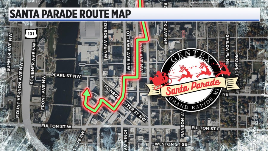 A map of the 2024 Gentex Santa Parade route in Grand Rapids.