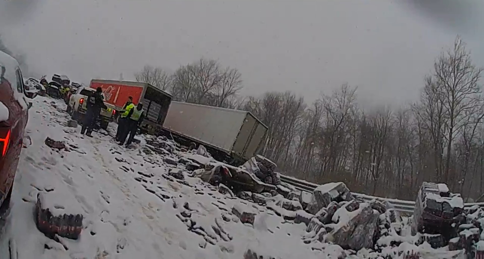 A screenshot from an MSP trooper's bodycam video during a pile up on I-94 near Hartford. (Courtesy Michigan State Police)