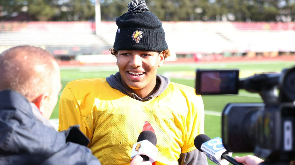 Ferris State quarterback Trinidad Chambliss speaks to reporters after practice on Nov. 27, 2024. (Courtesy Ferris State Athletics)