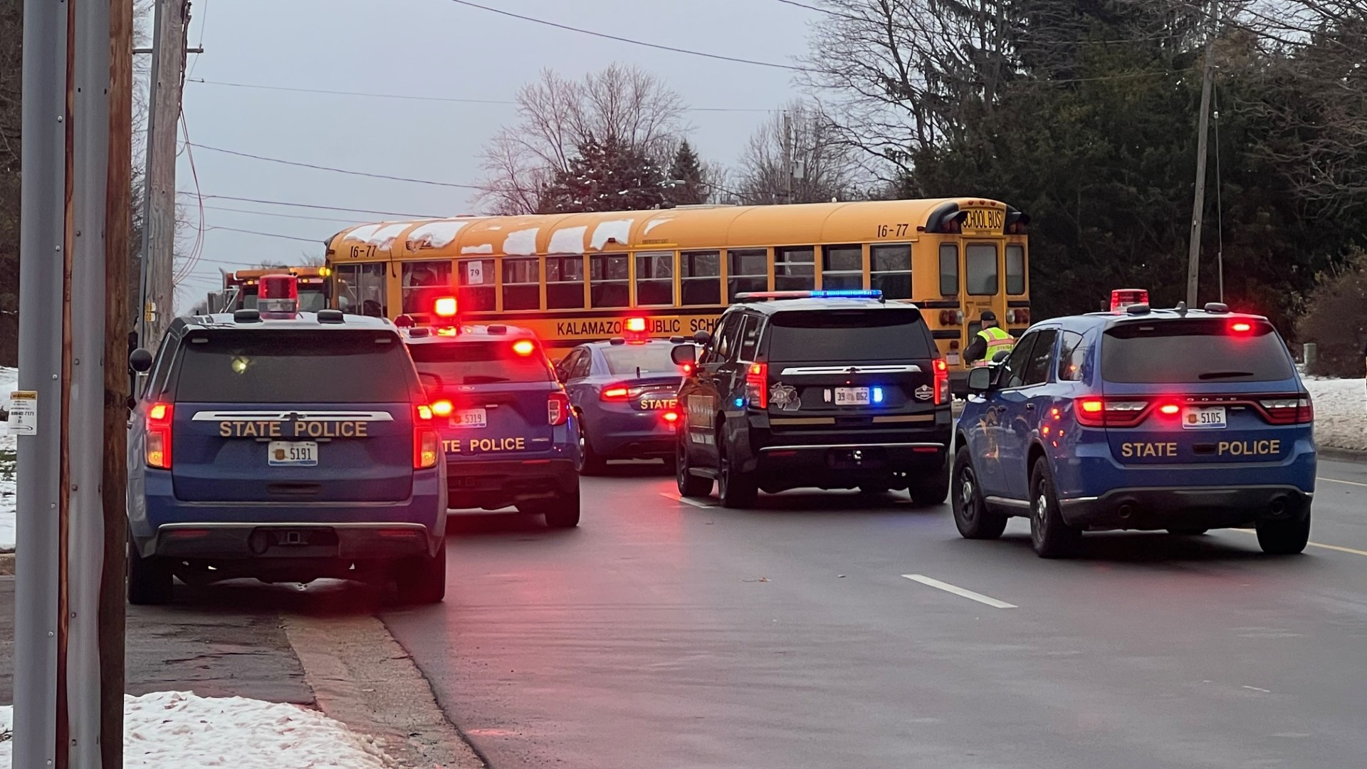 Authorities respond to a crash involving a school bus on S 9th Street north of Stadium Drive in Oshtemo Township. (Dec. 4, 2024)